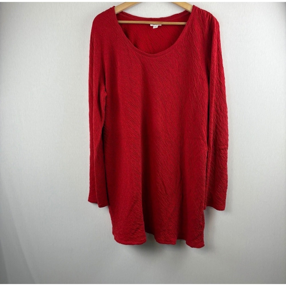 Pure Jill Tunic Top Women Large Tall Red Crinkled Cotton Long Sleeve Scoop Neck